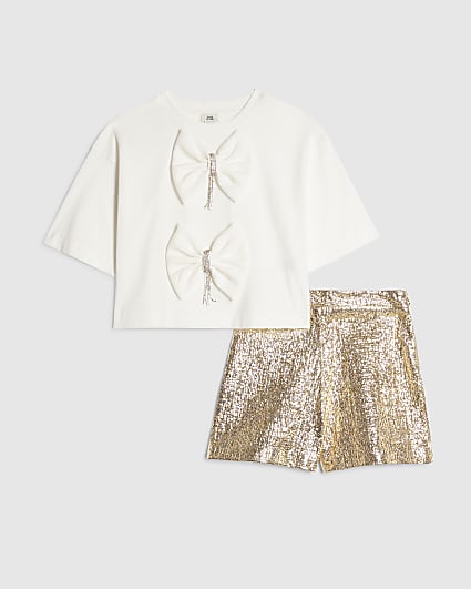 Girls White Bow Trim Cropped T-Shirt Set