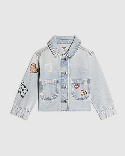 Mini Girls Leopard Print Heart Denim Jacket