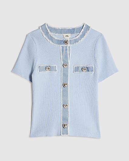 Girls Blue Ribbed Knit Denim Top