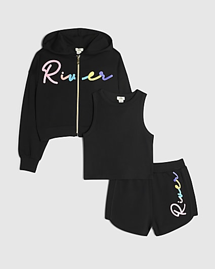 Girls Black Rainbow Script Hoodie Set