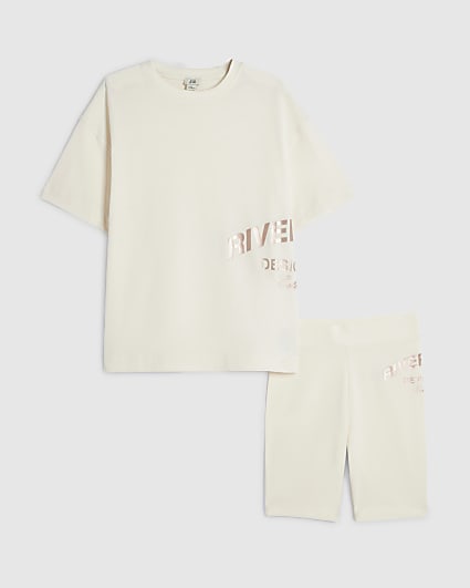 Girls Cream Metallic RI Cycle Shorts Set