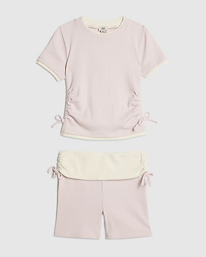 Girls Pink Ruched Ribbed Top And Shorts Set