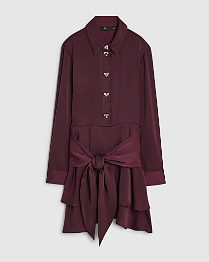 Girls Burgundy Tie Scarf Shirt Dress