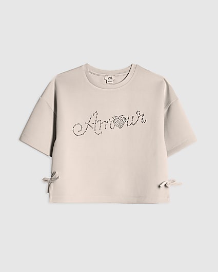 Girls Cream Premium Embellished Amour T-Shirt