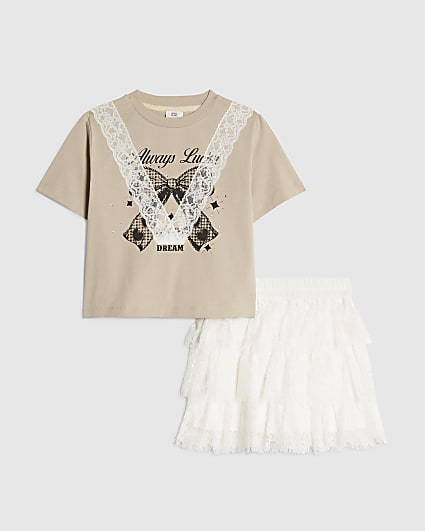 Girls Cream Lace T-Shirt And Ruffle Skirt Set
