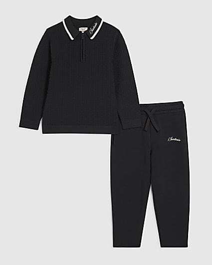 Mini Boys Black Textured Polo Shirt Set