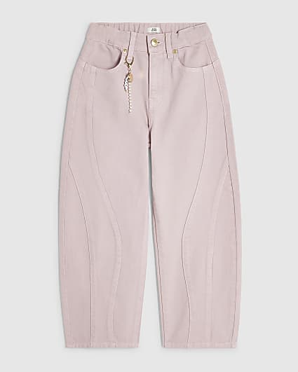 Girls Pink Light Wash Barrel Jeans