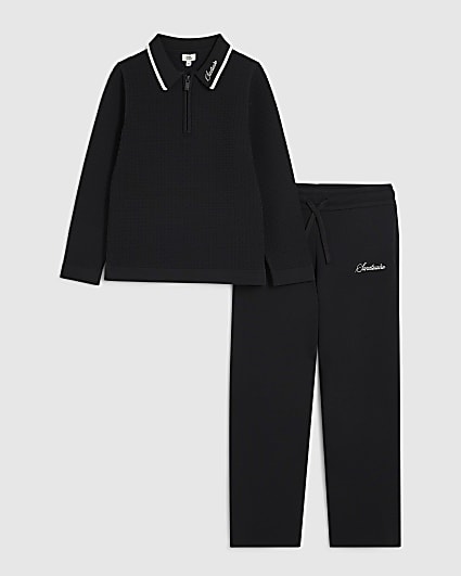 Boys Black Textured Polo Shirt Set