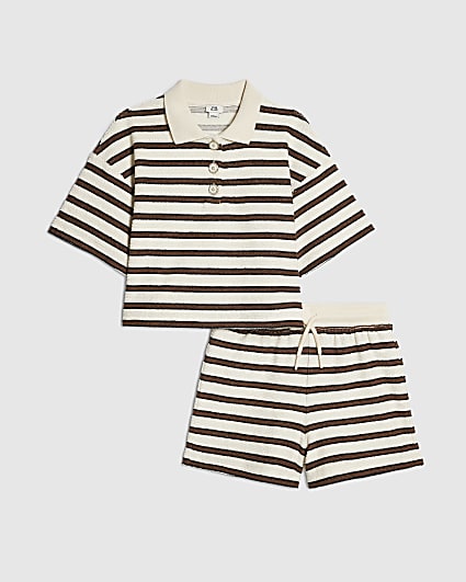 Girls Brown Stripe Towelling Shorts Set