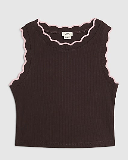 Girls Brown Scallop Pink Trim Tank Top