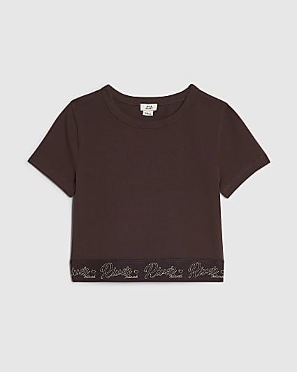 Girls Brown Cut Out RI Scripty Waistband Top