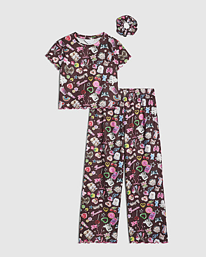 Girls Brown Sticker Print Pyjamas Set