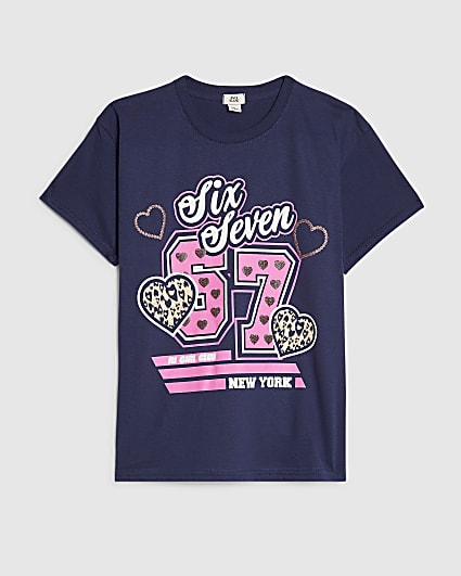 Girls Navy NY Leopard 67 T-Shirt