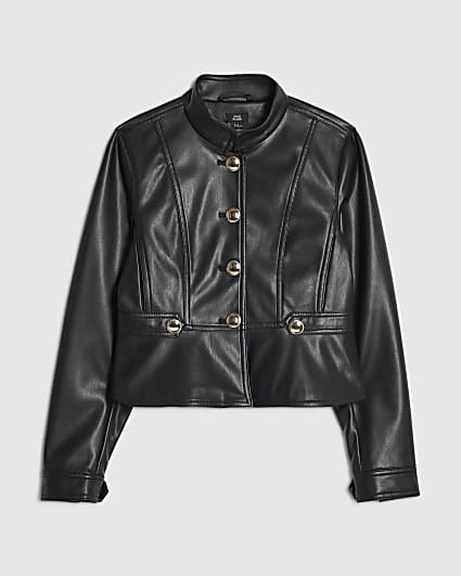 Girls Black Faux Leather Buttoned Jacket
