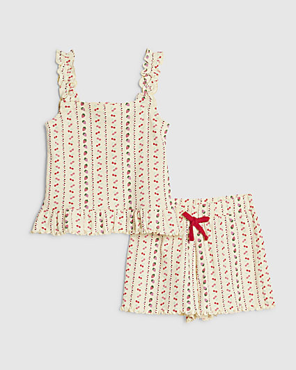 Girls Cream Frilled Cherry Pyjamas Set