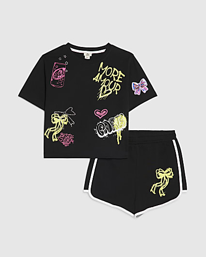 Girls Black Neon Graffiti T-Shirt & Short Set