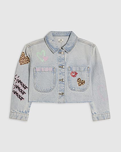 Girls Blue Leopard Heart Denim Jacket