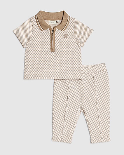 Baby Boys Beige Chequered Polo Shirt Set