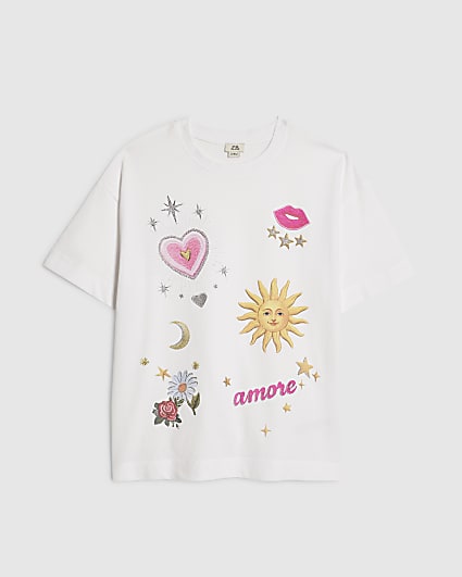 Girls White Sun Badge Icons T-Shirt