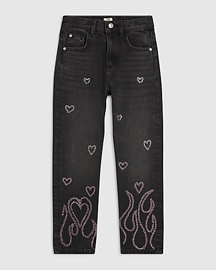 Girls Black Angel Embellished Straight Jeans