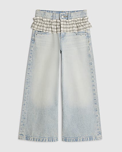 Girls Check Frill Heart Pocket Wide Leg Jeans