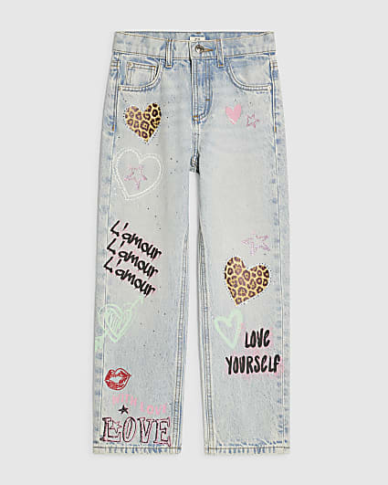 Girls Blue Leopard Heart Straight Leg Jeans