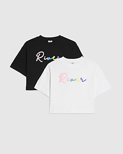 Girls Black Scripty River Pack Of 2 Crop Tops
