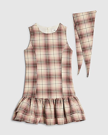 Girls Pink Check Dress And Scarf Set