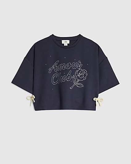 Girls Navy Embellished Amour Club T-Shirt