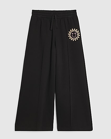 Girls Black Sun Face Wide Leg Joggers