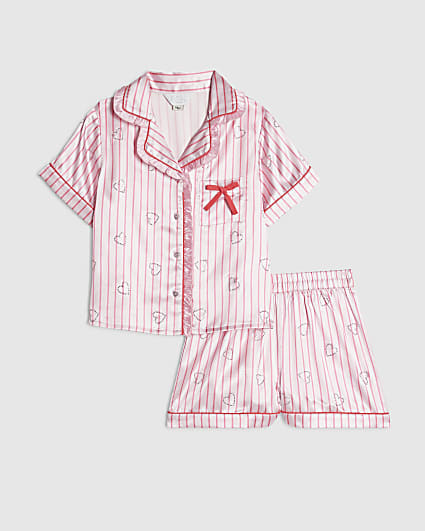 Girls Pink Satin Striped Heart Pyjamas
