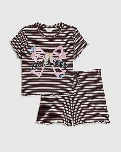 Girls Brown Bow Striped Pyjamas Set