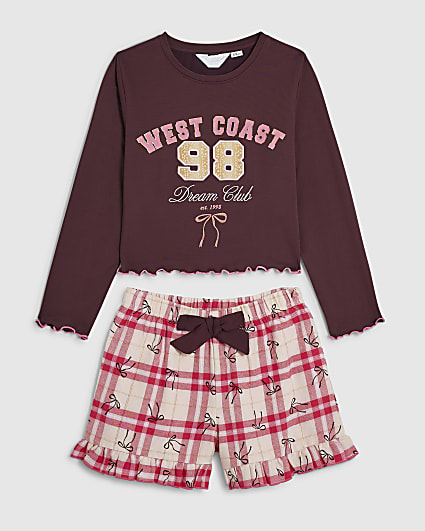 Girls Burgundy West Coast Check Pyjamas Set