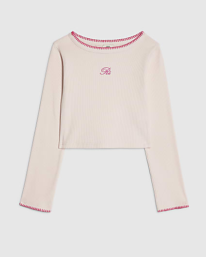 Girls Pink Whipstitch Long Sleeve Top