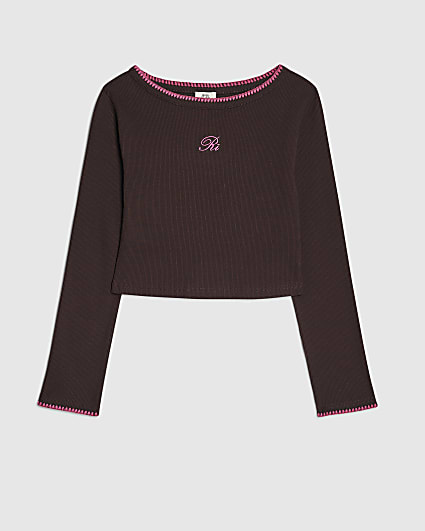 Girls Brown Whipstitch Long Sleeve Top
