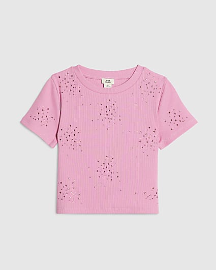 Girls Pink Scattered Embellished T-Shirt