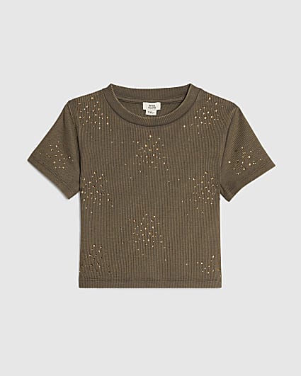 Girls Khaki Scattered Embellished T-Shirt