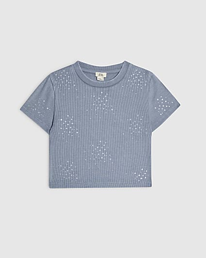 Girls Blue Scattered Embellished T-Shirt