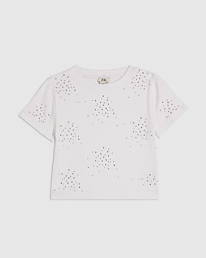 Girls White Scattered Embellished T-Shirt