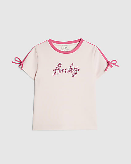 Girls Pink Side Stipe Bow Lucky T-Shirt