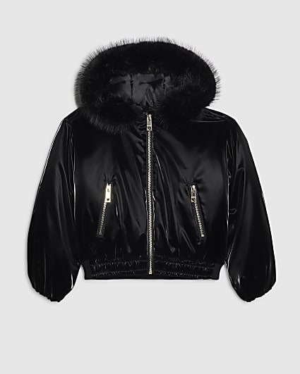 Girls Black High Shine Padded Bomber Jacket