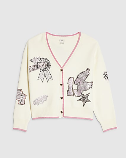 Girls Cream Varsity Cardigan