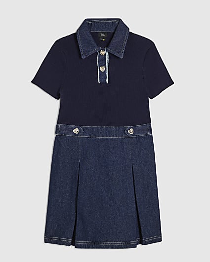 Girls Blue Denim Knit Hybrid Dress