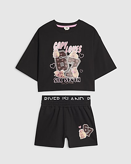 Girls Black 67 T-Shirt And Shorts Set