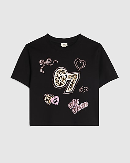 Girls Black Patchwork Six Seven Crop T-Shirt