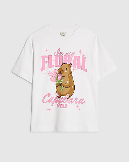 Girls White In My Floral Capybara Era T-Shirt