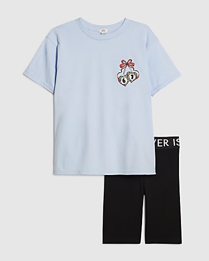 Girls Blue Leopard Girls Club 67 T-Shirt Set