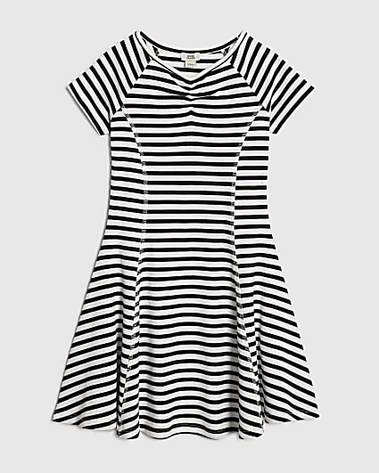 Girls Navy Stripe Ruched Ribbed Dress