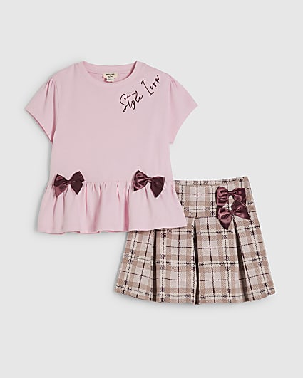 Mini Girls Pink Hybrid Check Skirt Set