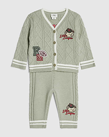 Baby Boys Khaki Cable Knitted Cardigan Set
